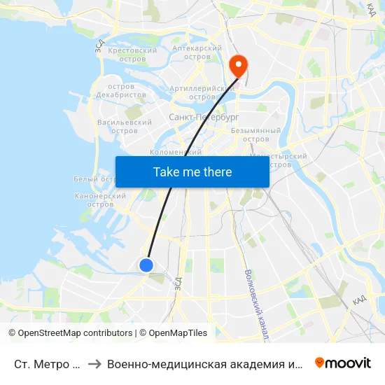 Ст. Метро Автово to Военно-медицинская академия имени С. М. Кирова map