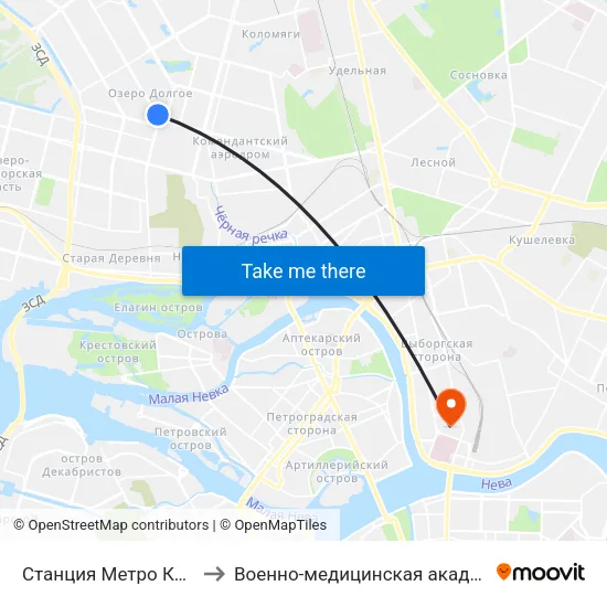 Станция Метро Комендантский Пр. to Военно-медицинская академия имени С. М. Кирова map