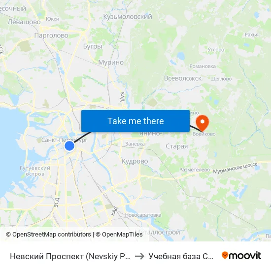 Невский Проспект (Nevskiy Prospekt) to Учебная база СПбГУТ map
