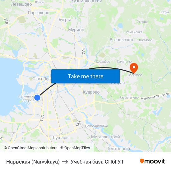 Нарвская (Narvskaya) to Учебная база СПбГУТ map