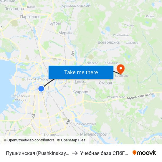 Пушкинская (Pushkinskaya) to Учебная база СПбГУТ map