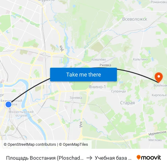 Площадь Восстания (Ploschad' Vosstaniya) to Учебная база СПбГУТ map
