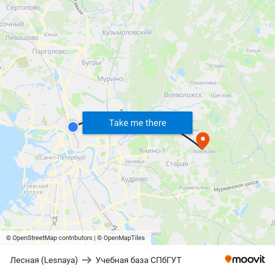 Лесная (Lesnaya) to Учебная база СПбГУТ map