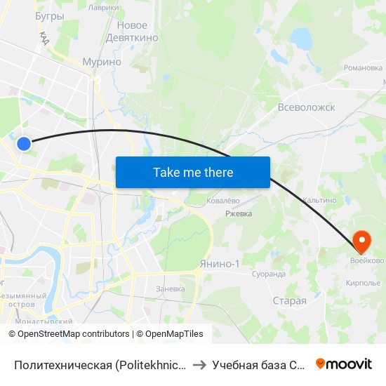 Политехническая (Politekhnicheskaya) to Учебная база СПбГУТ map