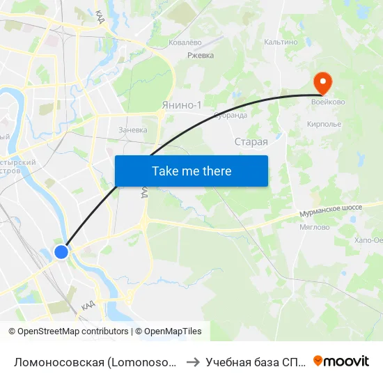 Ломоносовская (Lomonosovskaya) to Учебная база СПбГУТ map