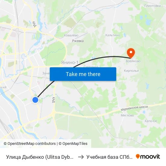 Улица Дыбенко (Ulitsa Dybenko) to Учебная база СПбГУТ map