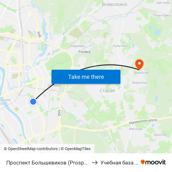 Проспект Большевиков (Prospekt Bol'Shevikov) to Учебная база СПбГУТ map