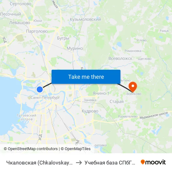 Чкаловская (Chkalovskaya) to Учебная база СПбГУТ map