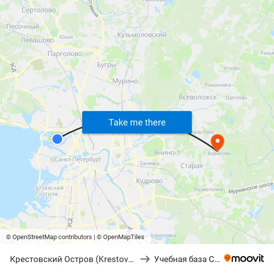 Крестовский Остров (Krestovskiy Ostrov) to Учебная база СПбГУТ map