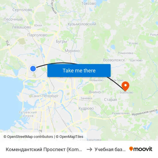 Комендантский Проспект (Komendantskiy Prospekt) to Учебная база СПбГУТ map