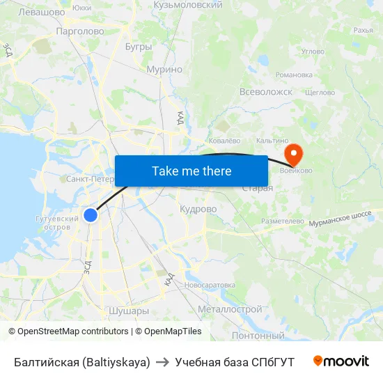 Балтийская (Baltiyskaya) to Учебная база СПбГУТ map