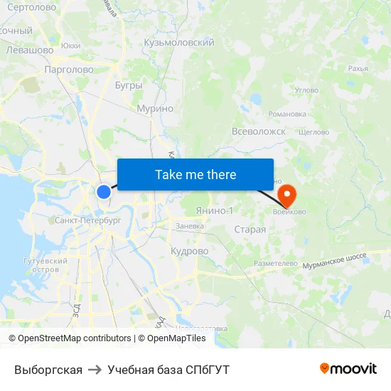 Выборгская to Учебная база СПбГУТ map