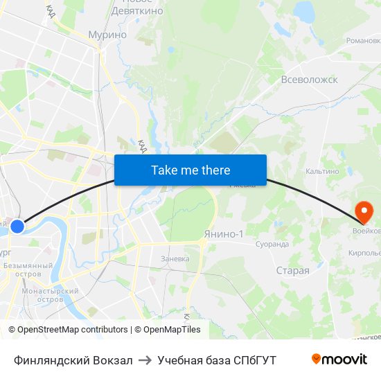 Финляндский Вокзал to Учебная база СПбГУТ map