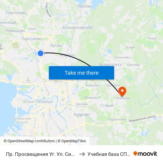 Пр. Просвещения Уг. Ул. Симонова to Учебная база СПбГУТ map