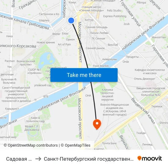 Садовая (Sadovaya) to Санкт-Петербургский государственный технологический институт map