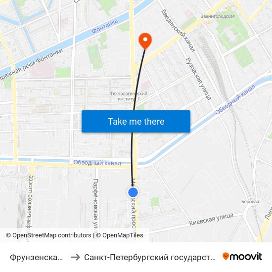 Фрунзенская (Frunzenskaya) to Санкт-Петербургский государственный технологический институт map