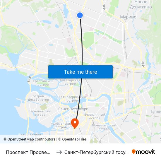 Проспект Просвещения (Prospekt Prosveschenya) to Санкт-Петербургский государственный технологический институт map