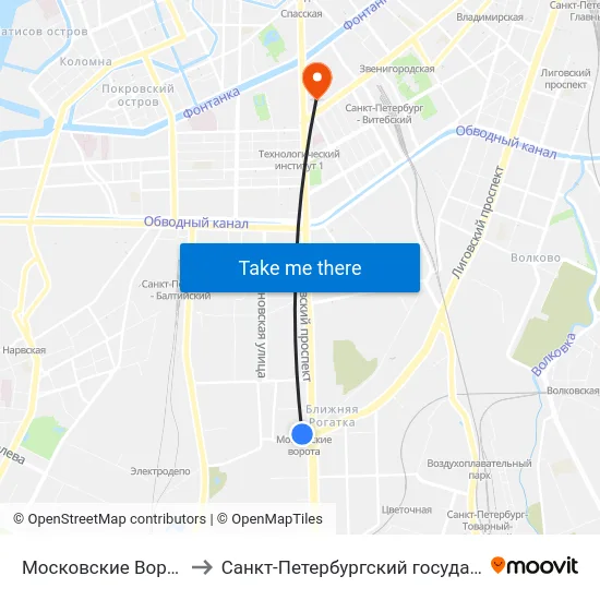 Московские Ворота (Moskovskiye Vorota) to Санкт-Петербургский государственный технологический институт map