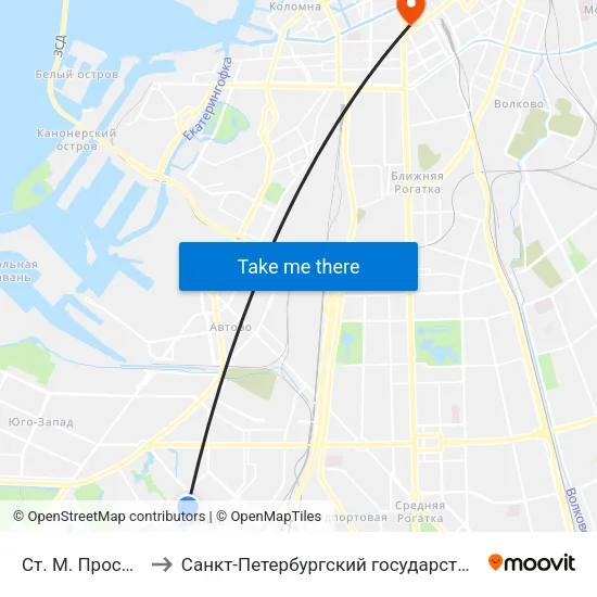 Ст. М. Проспект Ветеранов to Санкт-Петербургский государственный технологический институт map