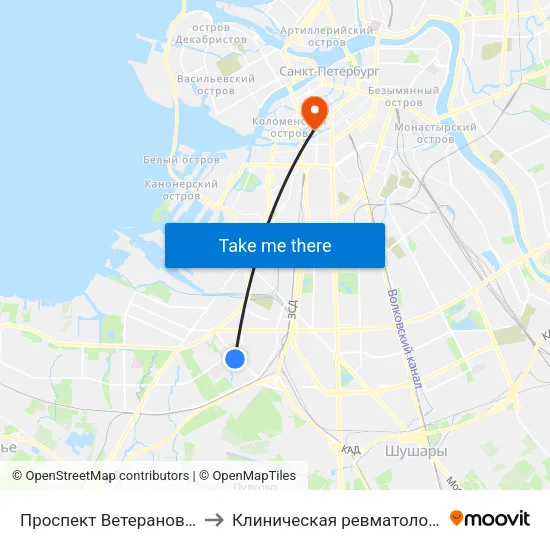 Проспект Ветеранов (Prospekt Veteranov) to Клиническая ревматологическая больница №25 map