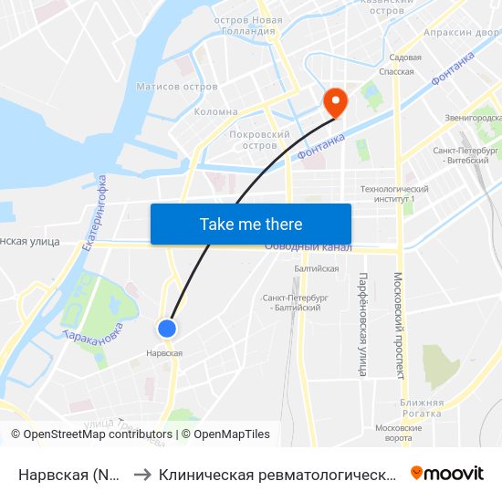 Нарвская (Narvskaya) to Клиническая ревматологическая больница №25 map