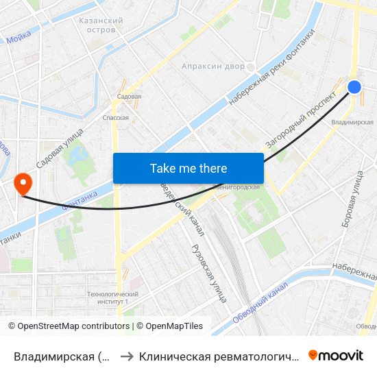 Владимирская (Vladimirskaya) to Клиническая ревматологическая больница №25 map