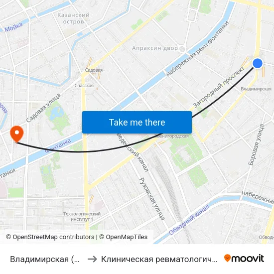 Владимирская (Vladimirskaya) to Клиническая ревматологическая больница №25 map