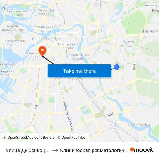 Улица Дыбенко (Ulitsa Dybenko) to Клиническая ревматологическая больница №25 map
