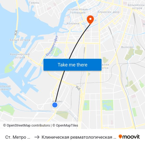 Ст. Метро Автово to Клиническая ревматологическая больница №25 map