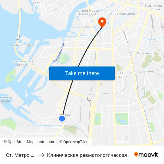 Ст. Метро Автово to Клиническая ревматологическая больница №25 map