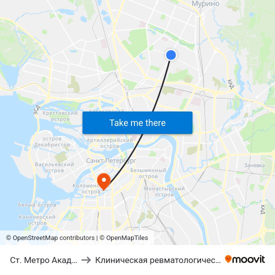 Ст. Метро Академическая to Клиническая ревматологическая больница №25 map