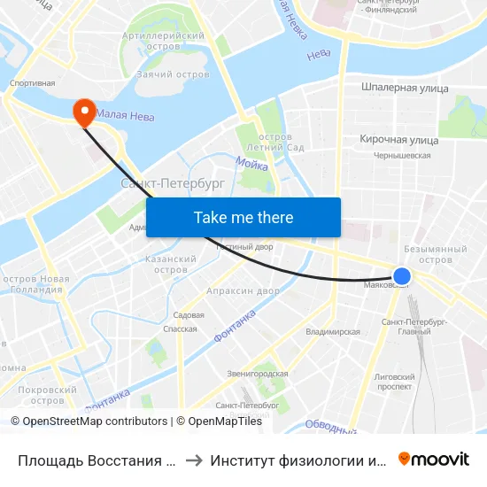 Площадь Восстания (Ploschad' Vosstaniya) to Институт физиологии имени И. П. Павлова РАН map