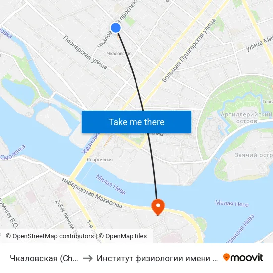 Чкаловская (Chkalovskaya) to Институт физиологии имени И. П. Павлова РАН map