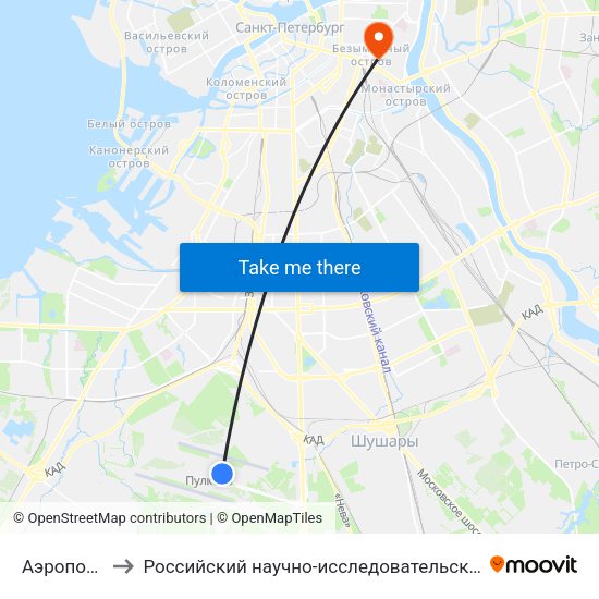 Аэропорт Пулково 1 to Российский научно-исследовательский институт гематологии и трансфузиологии map