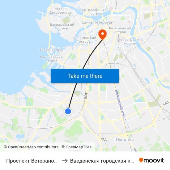 Проспект Ветеранов (Prospekt Veteranov) to Введенская городская клиническая больница №32 map