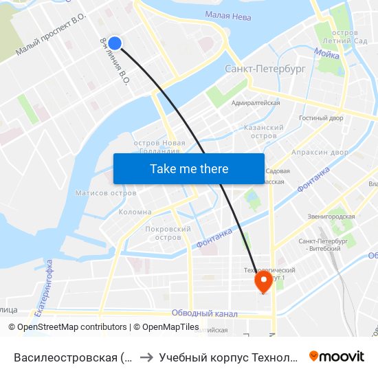 Василеостровская (Vasileostrovskaya) to Учебный корпус Технологического института map