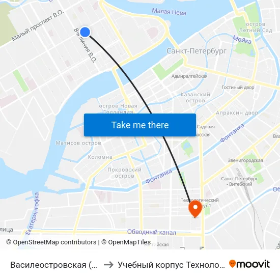 Василеостровская (Vasileostrovskaya) to Учебный корпус Технологического института map