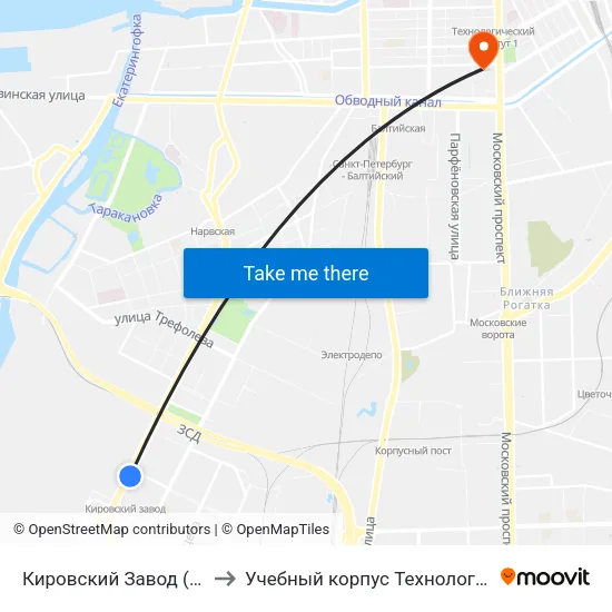 Кировский Завод (Kirovsky Zavod) to Учебный корпус Технологического института map