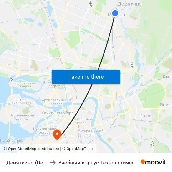 Девяткино (Devyatkino) to Учебный корпус Технологического института map
