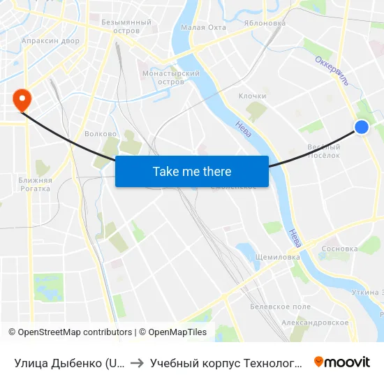 Улица Дыбенко (Ulitsa Dybenko) to Учебный корпус Технологического института map
