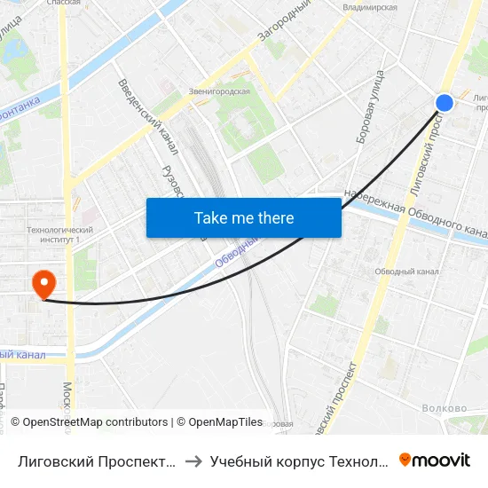 Лиговский Проспект (Ligovsky Prospekt) to Учебный корпус Технологического института map