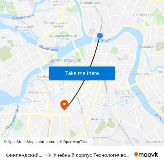 Финляндский Вокзал to Учебный корпус Технологического института map