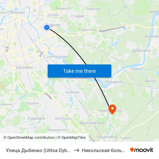 Улица Дыбенко (Ulitsa Dybenko) to Никольская больница map