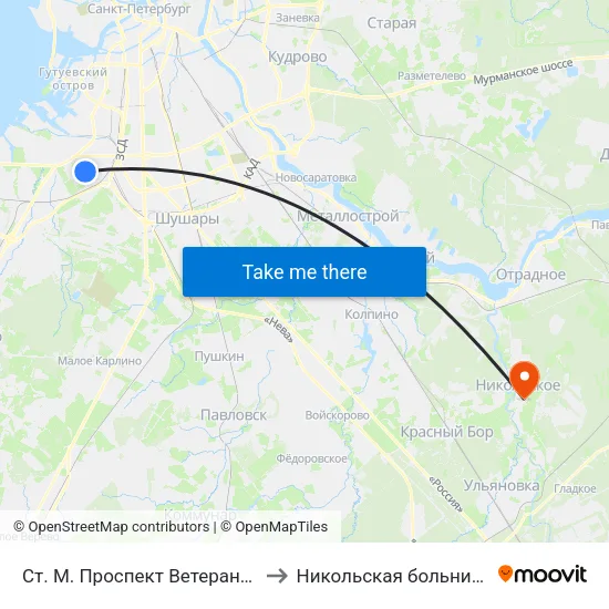 Ст. М. Проспект Ветеранов to Никольская больница map