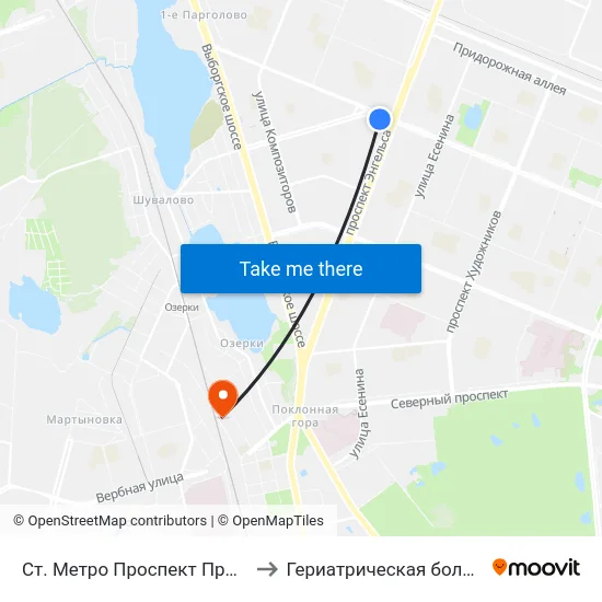 Ст. Метро Проспект Просвещения to Гериатрическая больница №1 map