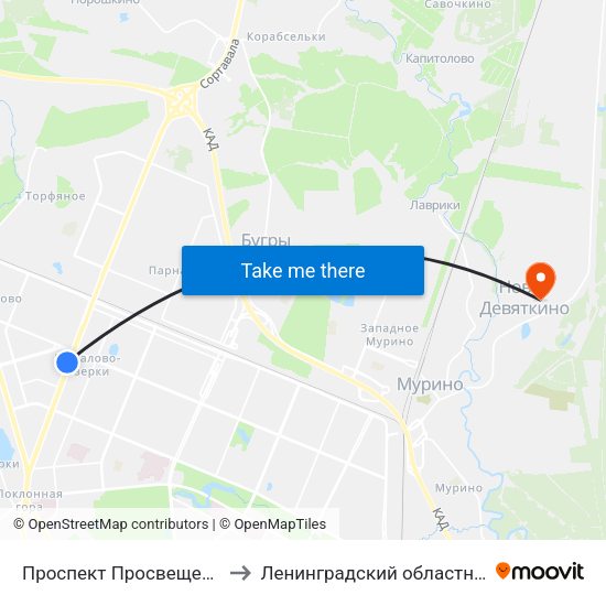 Проспект Просвещения (Prospekt Prosveschenya) to Ленинградский областной наркологический диспансер map
