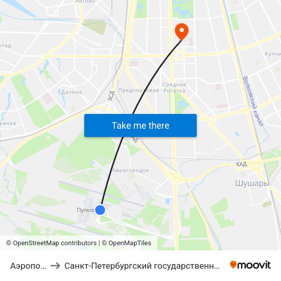 Аэропорт Пулково 1 to Санкт-Петербургский государственный университет аэрокосмического приборостроения map