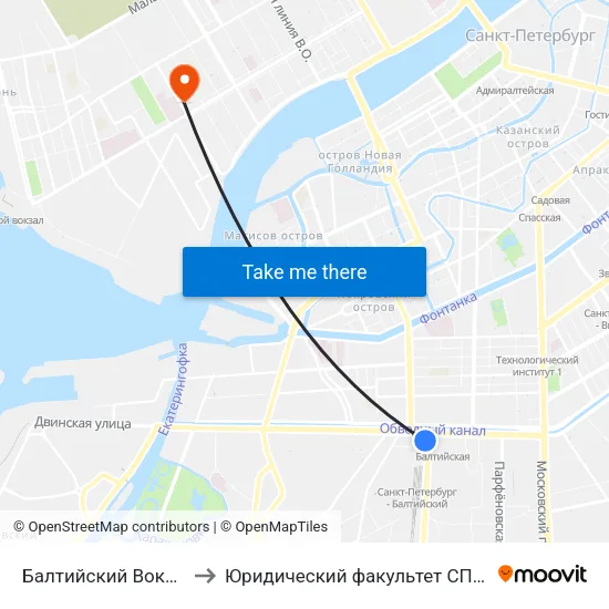 Балтийский Вокзал to Юридический факультет СПбГУ map