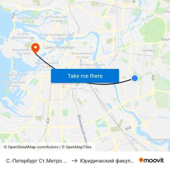 С.-Петербург  Ст.Метро Ул.Дыбенко to Юридический факультет СПбГУ map