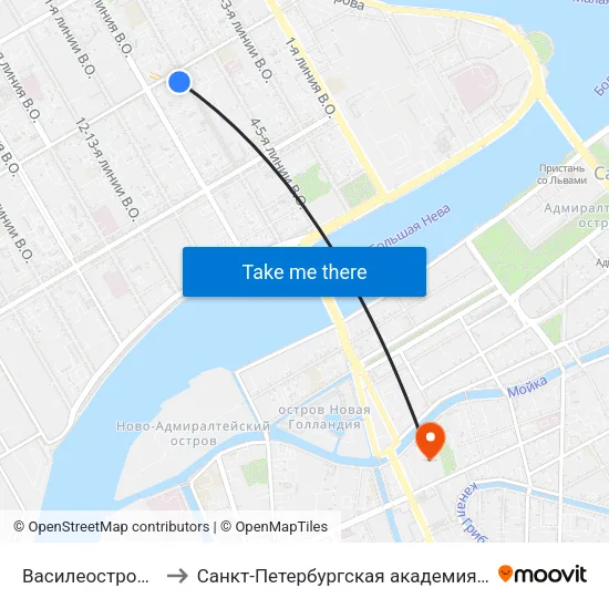 Василеостровская (Vasileostrovskaya) to Санкт-Петербургская академия Следственного комитета Российской Федерации map